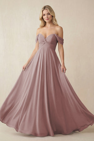Dusty Rose Off-the-Shoulder Chiffon A-Line Long Bridesmaid Dress | KISSBRIDAL