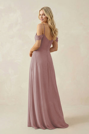 Dusty Rose Off-the-Shoulder Chiffon A-Line Maxi Bridesmaid Dress (2) | KISSBRIDAL