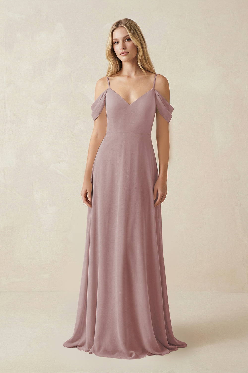 Off-the-Shoulder Chiffon A-Line Maxi Bridesmaid Dress in Dusty Rose