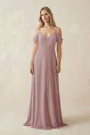 Dusty Rose Off-the-Shoulder Chiffon A-Line Maxi Bridesmaid Dress | KISSBRIDAL