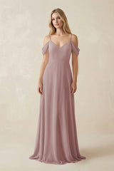 Dusty Rose Off-the-Shoulder Chiffon A-Line Maxi Bridesmaid Dress | KISSBRIDAL
