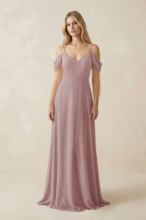 Dusty Rose Off-the-Shoulder Chiffon A-Line Maxi Bridesmaid Dress | KISSBRIDAL