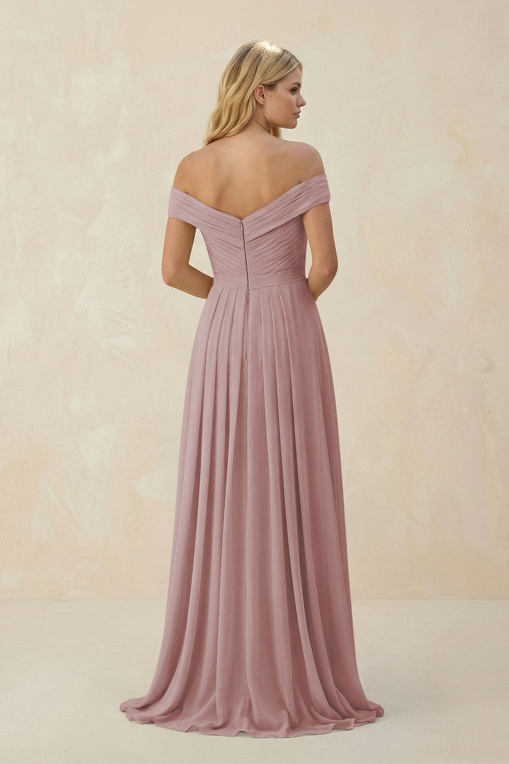 Off-the-Shoulder Pleated A-Line Chiffon Bridesmaid Dress in Dusty Rose