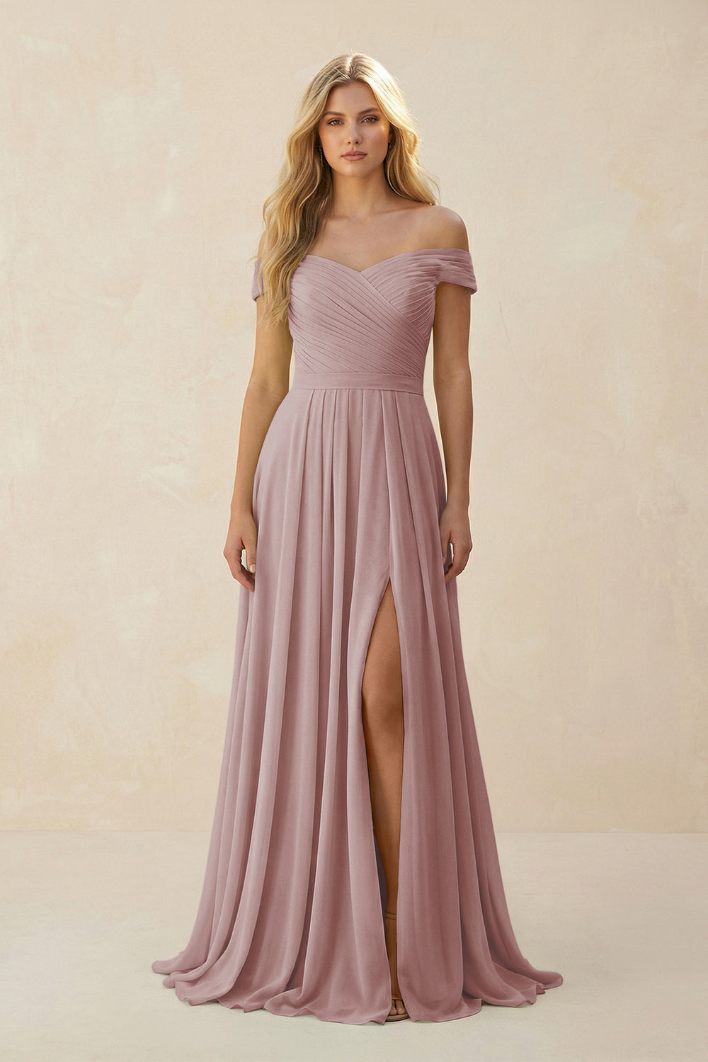Off-the-Shoulder Pleated A-Line Chiffon Bridesmaid Dress in Dusty Rose