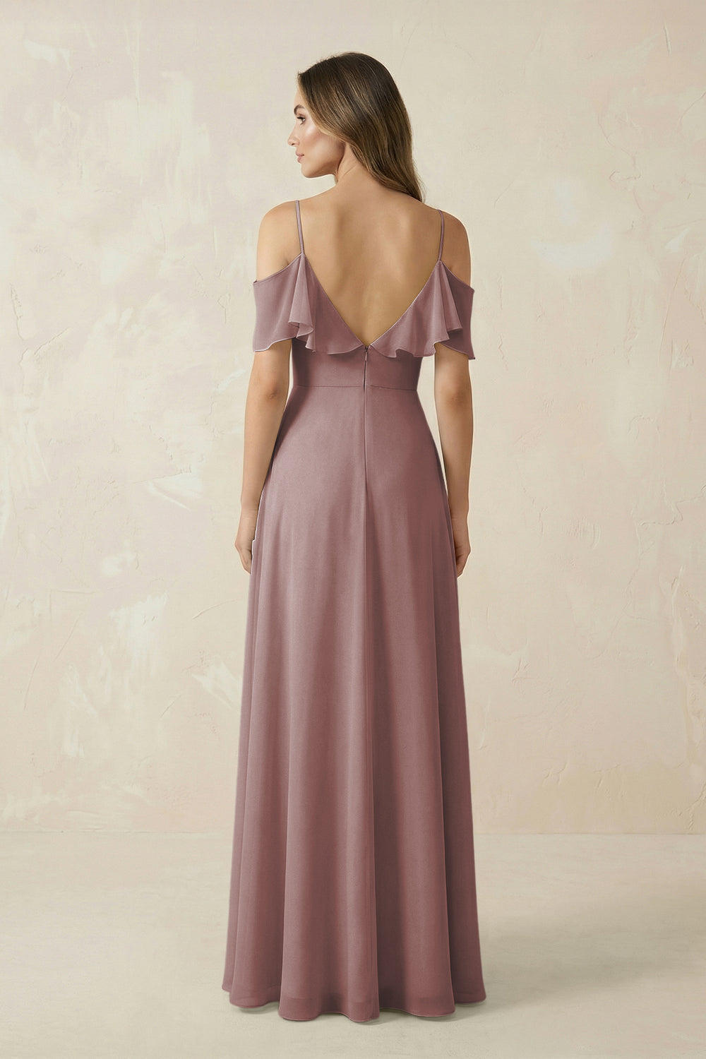 Off-the-Shoulder Ruffled A-Line Chiffon Bridesmaid Dress in Dusty Rose