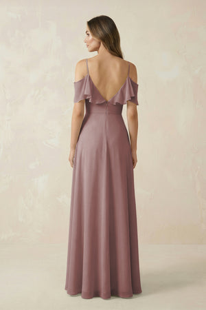 Dusty Rose Off-the-Shoulder Ruffled A-Line Chiffon Bridesmaid Dress (2) | KISSBRIDAL