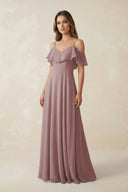 Dusty Rose Off-the-Shoulder Ruffled A-Line Chiffon Bridesmaid Dress | KISSBRIDAL