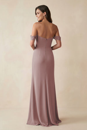 Dusty Rose Off-the-Shoulder Sheath Bridesmaid Dress with Slit (2) | KISSBRIDAL