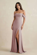 Dusty Rose Off-the-Shoulder Sheath Bridesmaid Dress with Slit | KISSBRIDAL