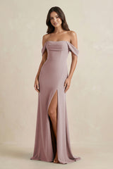 Dusty Rose Off-the-Shoulder Sheath Bridesmaid Dress with Slit | KISSBRIDAL