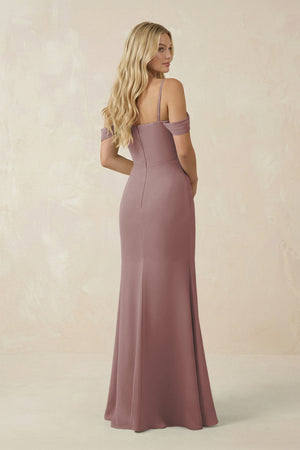 Dusty Rose Off-the-Shoulder Sheath Chiffon Ruched Bridesmaid Dress (2) | KISSBRIDAL