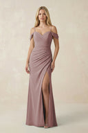 Dusty Rose Off-the-Shoulder Sheath Chiffon Ruched Bridesmaid Dress | KISSBRIDAL