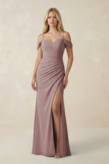 Dusty Rose Off-the-Shoulder Sheath Chiffon Ruched Bridesmaid Dress | KISSBRIDAL