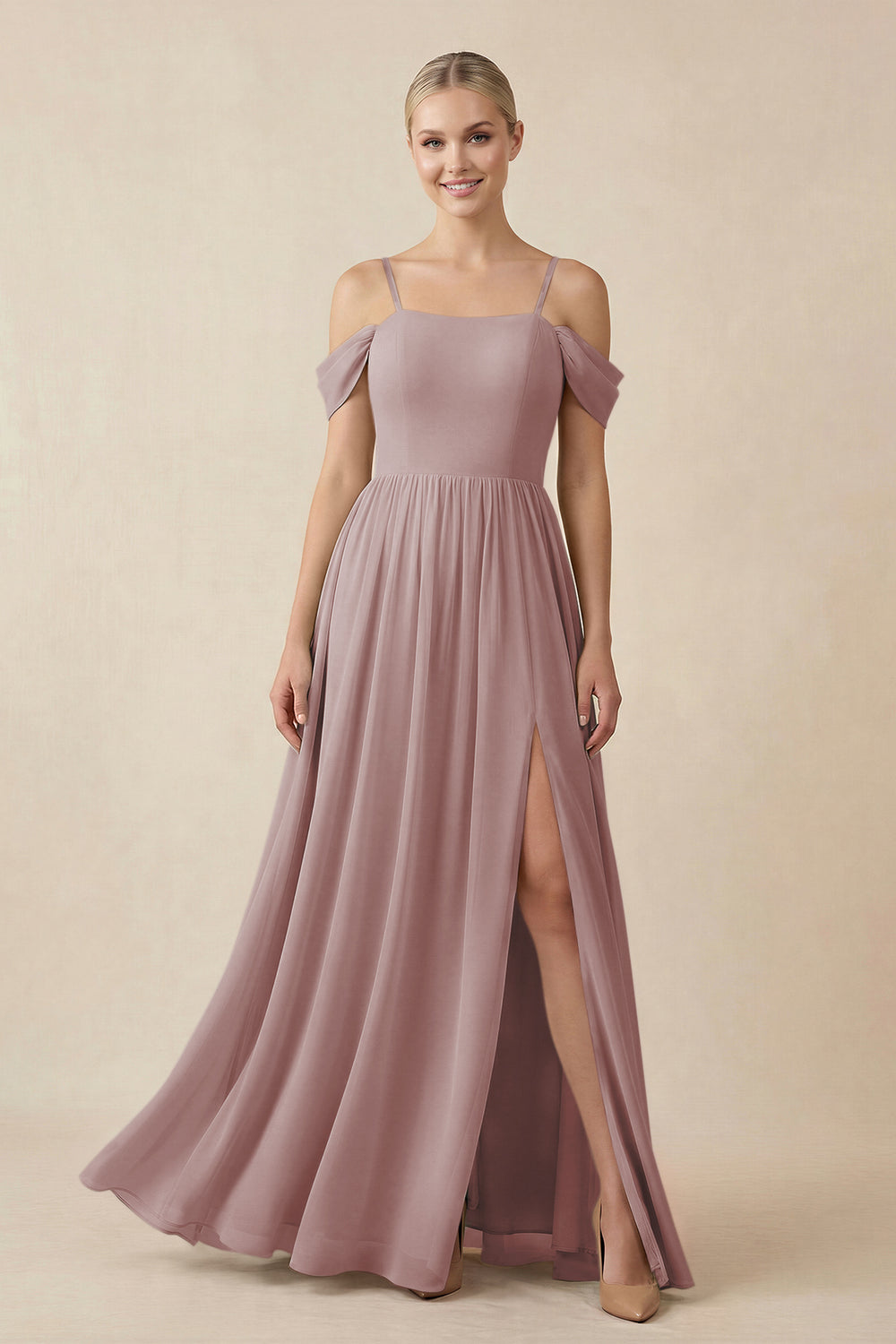 Off-the-Shoulder Sweetheart A-Line Chiffon Bridesmaid Dress in Dusty Rose