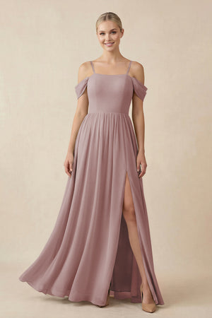 Dusty Rose Off-the-Shoulder Sweetheart A-Line Chiffon Bridesmaid Dress | KISSBRIDAL