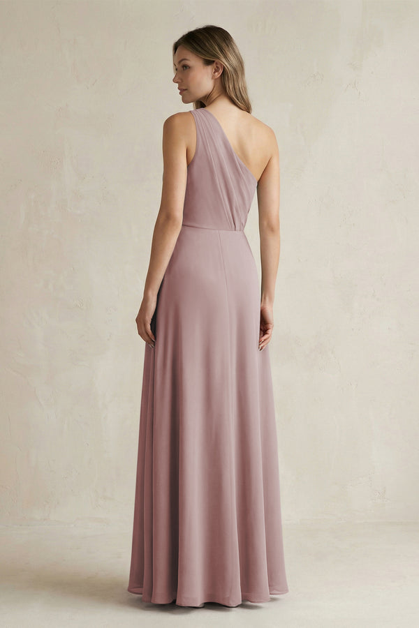 Dusty Rose One-Shoulder Chiffon A-Line Bridesmaid Dress With Slit (2) | KISSBRIDAL