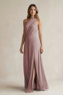 Dusty Rose One-Shoulder Chiffon A-Line Bridesmaid Dress With Slit | KISSBRIDAL