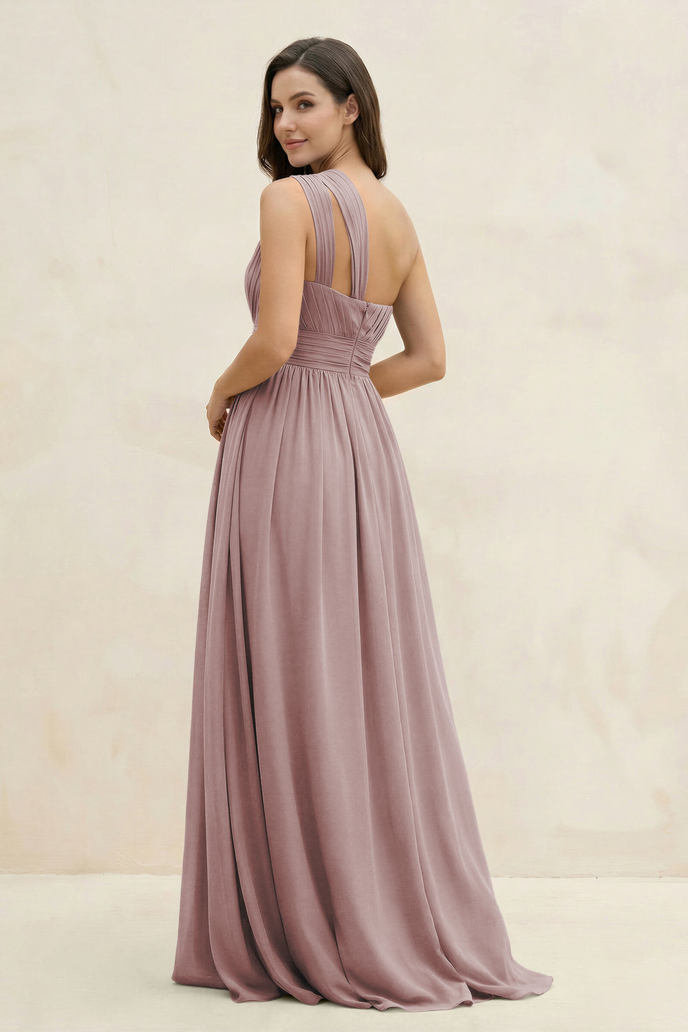 One-Shoulder Pleated A-Line Chiffon Bridesmaid Dress in Dusty Rose