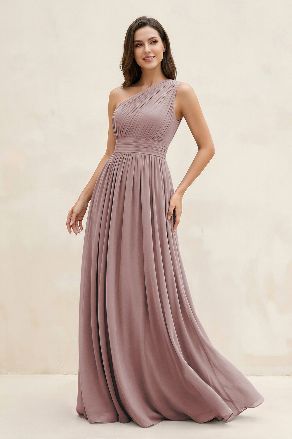 One-Shoulder Pleated A-Line Chiffon Bridesmaid Dress in Dusty Rose