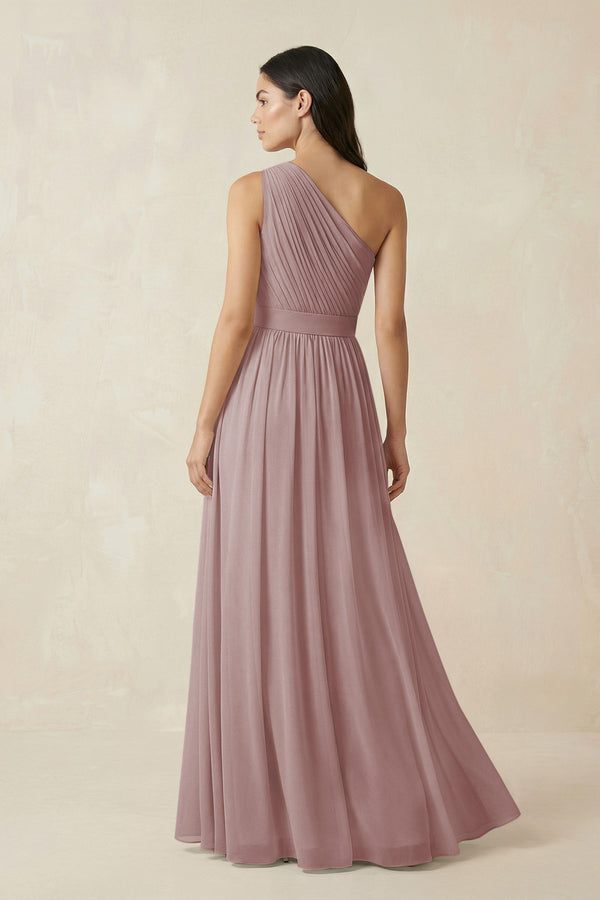 Dusty Rose One-Shoulder Pleated Chiffon Bridesmaid Gown (2) | KISSBRIDAL