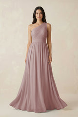 Dusty Rose One-Shoulder Pleated Chiffon Bridesmaid Gown | KISSBRIDAL