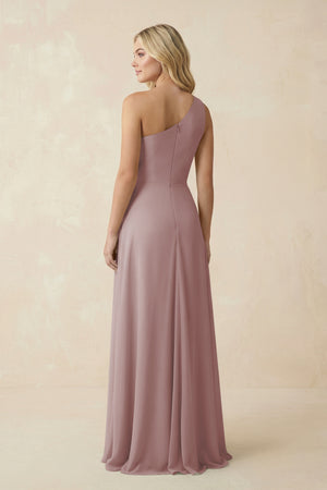 Dusty Rose One-Shoulder Ruched A-Line Chiffon Bridesmaid Dress (2) | KISSBRIDAL