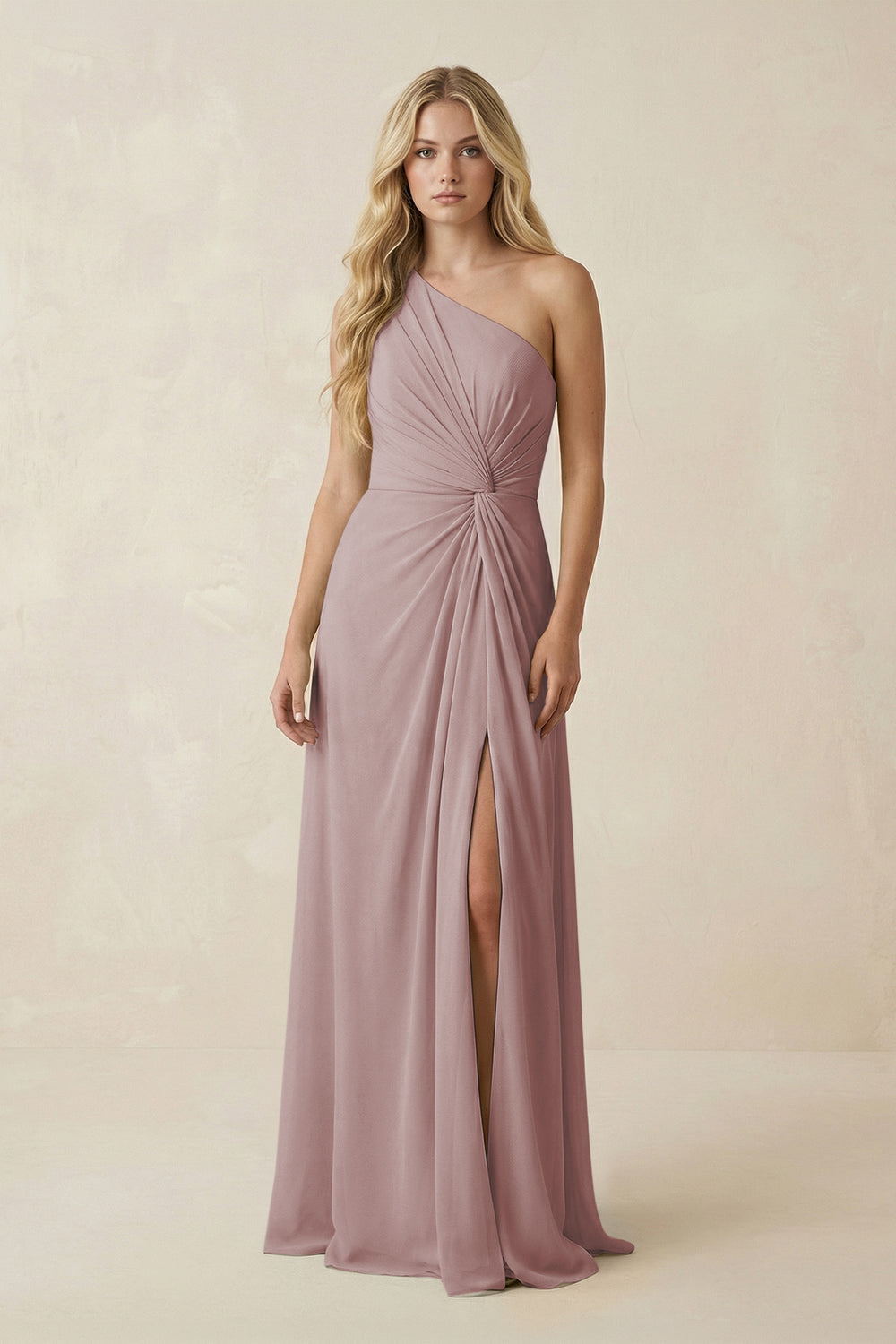 One-Shoulder Ruched A-Line Chiffon Bridesmaid Dress in Dusty Rose