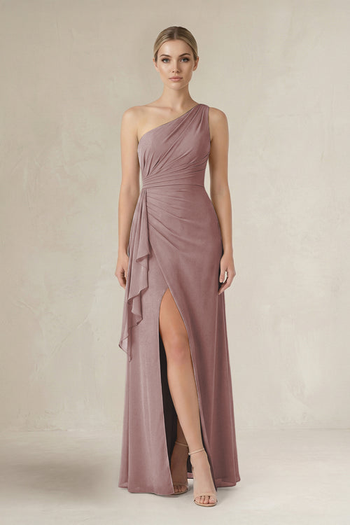Dusty Rose One-Shoulder Sheath Ruched Ruffled Bridesmaid Dress in Dusty Rose | KISSBRIDAL