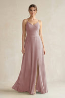 Dusty Rose Pleated A-Line Long Chiffon Bridesmaid Dress | KISSBRIDAL