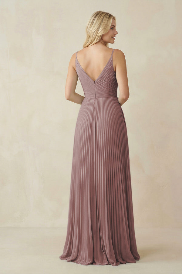 Dusty Rose Pleated V-Neck A-Line Chiffon Bridesmaid Dress (2) | KISSBRIDAL