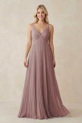 Dusty Rose Pleated V-Neck A-Line Chiffon Bridesmaid Dress | KISSBRIDAL