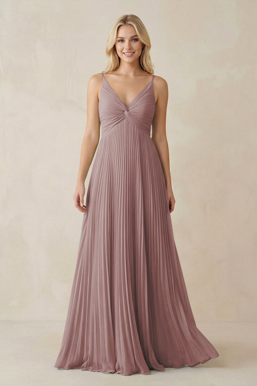 Dusty Rose Pleated V-Neck A-Line Chiffon Bridesmaid Dress | KISSBRIDAL
