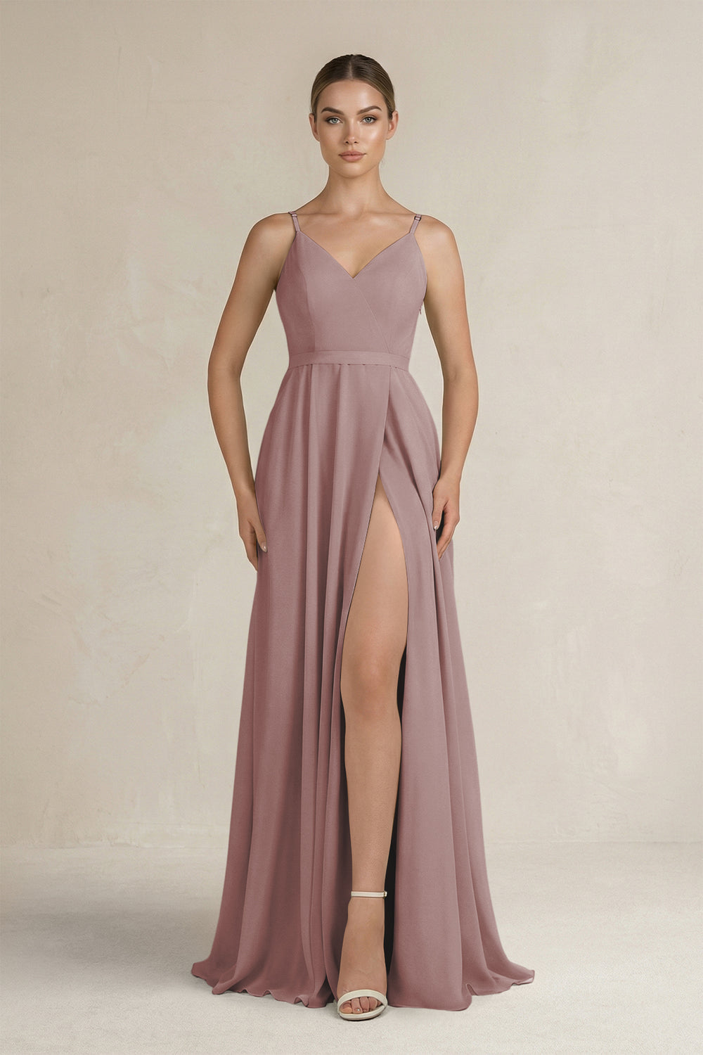 Ruched A-Line Chiffon Bridesmaid Dress with Slit in Dusty Rose