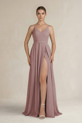 Dusty Rose Ruched A-Line Chiffon Bridesmaid Dress with Slit | KISSBRIDAL