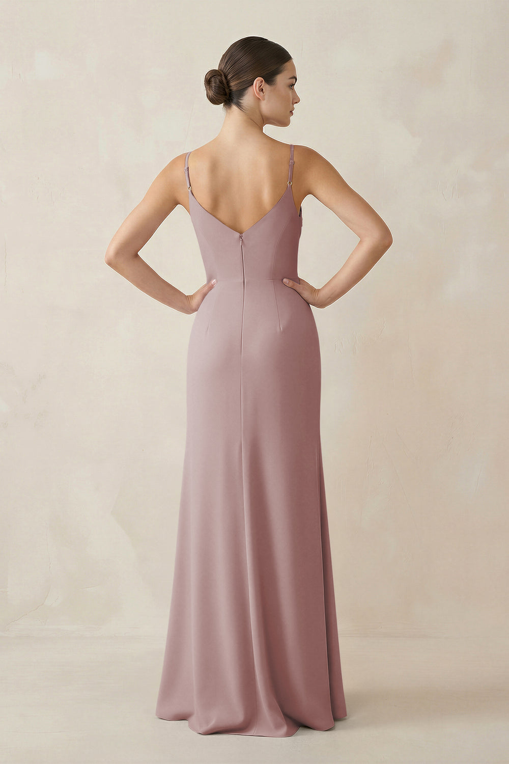 Ruched Sheath Spaghetti Strap Chiffon Bridesmaid Dress in Dusty Rose