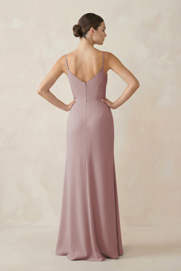 Dusty Rose Ruched Sheath Spaghetti Strap Chiffon Bridesmaid Dress (2) | KISSBRIDAL