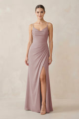 Dusty Rose Ruched Sheath Spaghetti Strap Chiffon Bridesmaid Dress | KISSBRIDAL