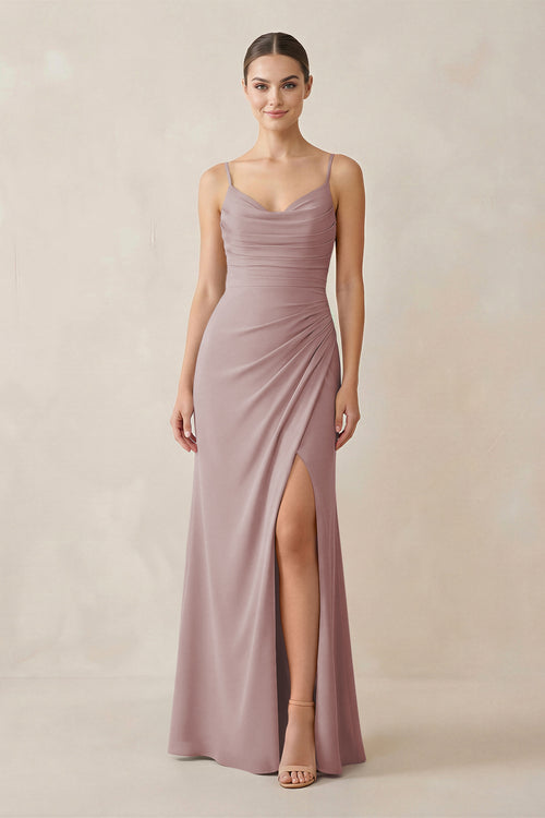 Dusty Rose Ruched Sheath Spaghetti Strap Chiffon Bridesmaid Dress | KISSBRIDAL