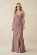 Dusty Rose Ruched Sheath Spaghetti Strap Chiffon Bridesmaid Dress | KISSBRIDAL
