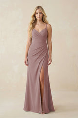 Dusty Rose Ruched Sheath Spaghetti Strap Chiffon Bridesmaid Dress | KISSBRIDAL