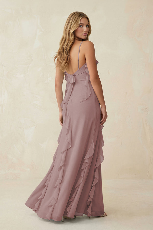 Dusty Rose Ruffled Cami Strap Chiffon Sheath Bridesmaid Dress (2) | KISSBRIDAL