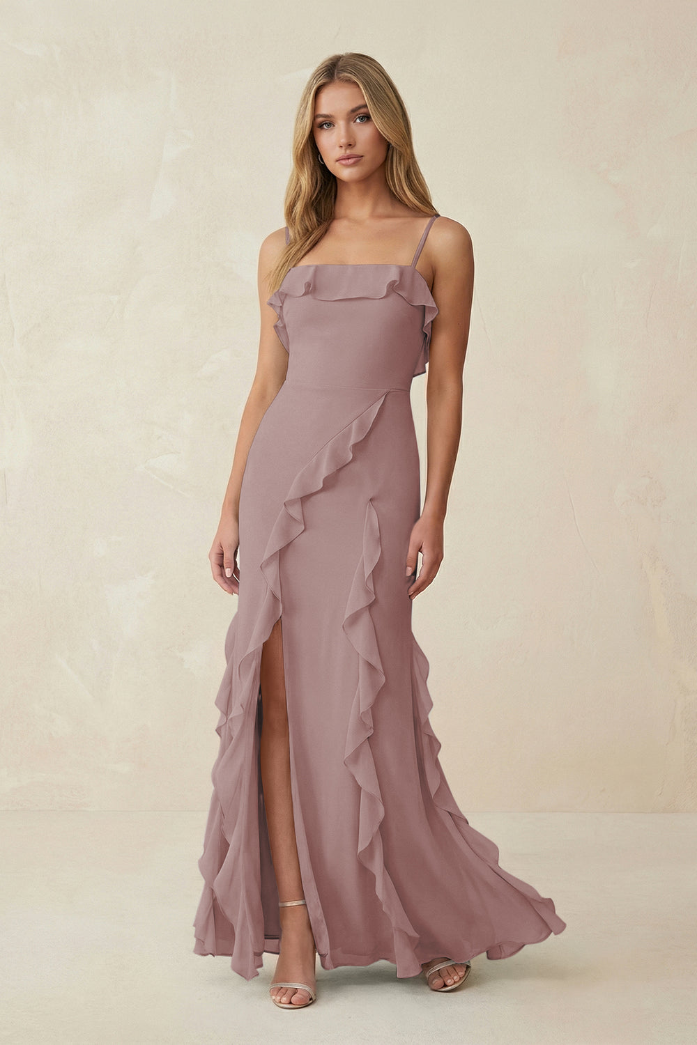 Ruffled Cami Strap Chiffon Sheath Bridesmaid Dress in Dusty Rose