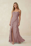 Dusty Rose Ruffled Cami Strap Chiffon Sheath Bridesmaid Dress | KISSBRIDAL