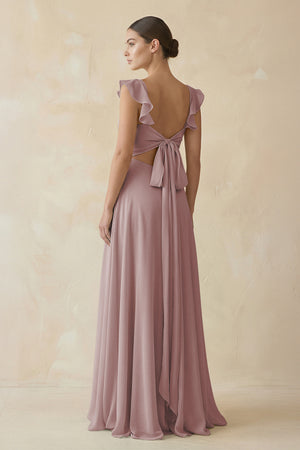 Dusty Rose Ruffled Chiffon A-Line Long Bridesmaid Dress (2) | KISSBRIDAL