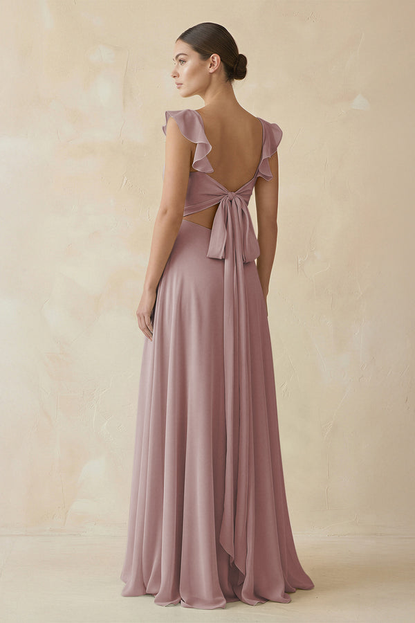 Dusty Rose Ruffled Chiffon A-Line Long Bridesmaid Dress (2) | KISSBRIDAL