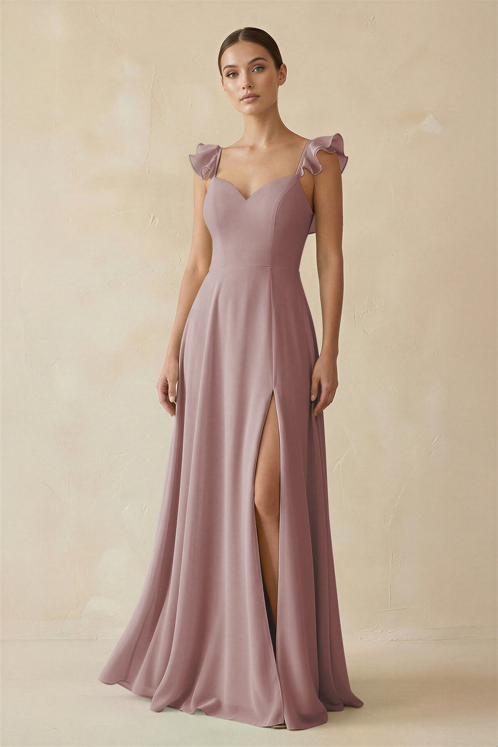 Ruffled Chiffon A-Line Long Bridesmaid Dress in Dusty Rose