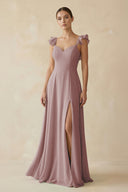 Dusty Rose Ruffled Chiffon A-Line Long Bridesmaid Dress | KISSBRIDAL