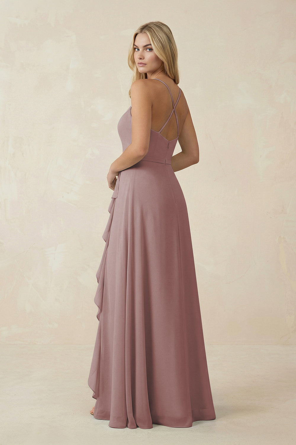 Ruffled Hem A-Line Chiffon Bridesmaid Dress in Dusty Rose
