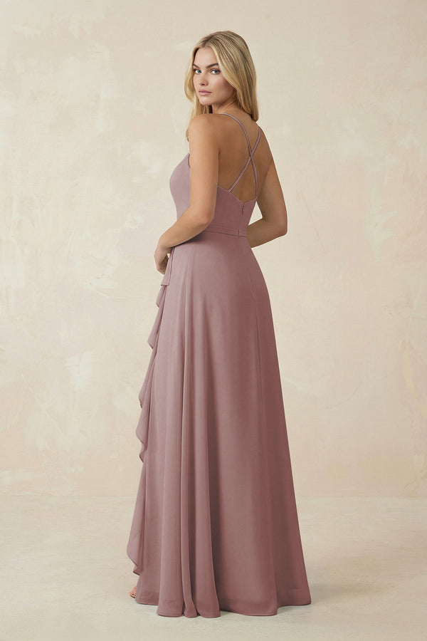 Dusty Rose Ruffled Hem A-Line Chiffon Bridesmaid Dress (2) | KISSBRIDAL