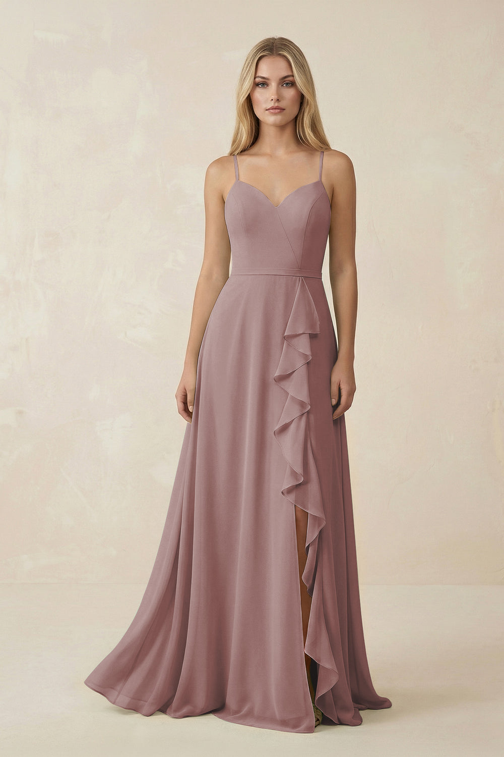 Ruffled Hem A-Line Chiffon Bridesmaid Dress in Dusty Rose